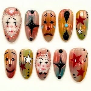 Unique Clown-Trendy Press On Nails, Clown Lover Press On Nails, Artistic Nail Design, Fantasy Nails, Painted Nail Art, Clown Nail Set, Gifts