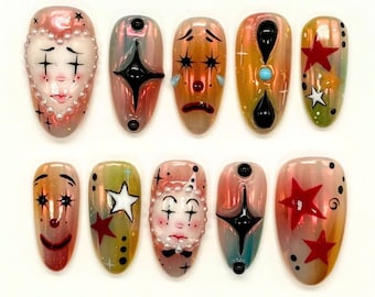 Unique Clown-Trendy Press On Nails, Clown Lover Press On Nails, Artistic Nail Design, Fantasy Nails, Painted Nail Art, Clown Nail Set, Gifts