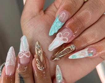 Uñas 3D con lazo, uñas postizas hechas a mano con puntas francesas, uñas acrílicas postizas, uñas rosas, uñas postizas personalizadas, uñas adhesivas, regalo.