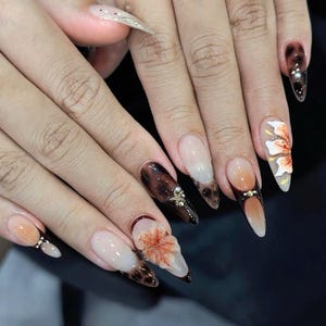 Autumnl Press On Nails with 3D Flower and Gold Accents, Long Almond Tortoise Shell Nails, Brown Nails, Fall Nails, French Tips Nails, Gifts.