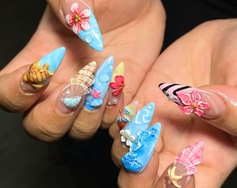 ネイルアートセット オーシャンビーチプレスオンネイル、3Dシーシェルタートルネイルアート