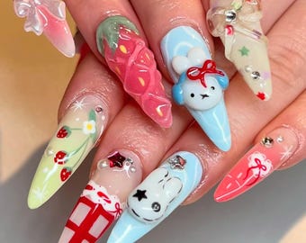 Small Party Press On Nails, 3D Bunny, Strawberry Long Almond Nails, Kawaii Fake Nail Art, Colorful Nails, Birthday/Party Nails, Gift for her