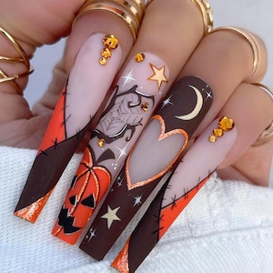 Orange Pumpkin Long Nail Press On,  Matte Pink, Brown Halloween Press On, Halloween Long Nail Set, Custom Fake Nail, Black Nail, Scream Nail