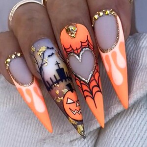 Spooky Halloween Orange Matte Press On Nails, Custom Fake Nail with Haunted House Pumpkin, Halloween Lover Press On, Glue On Nails, 3D Nail