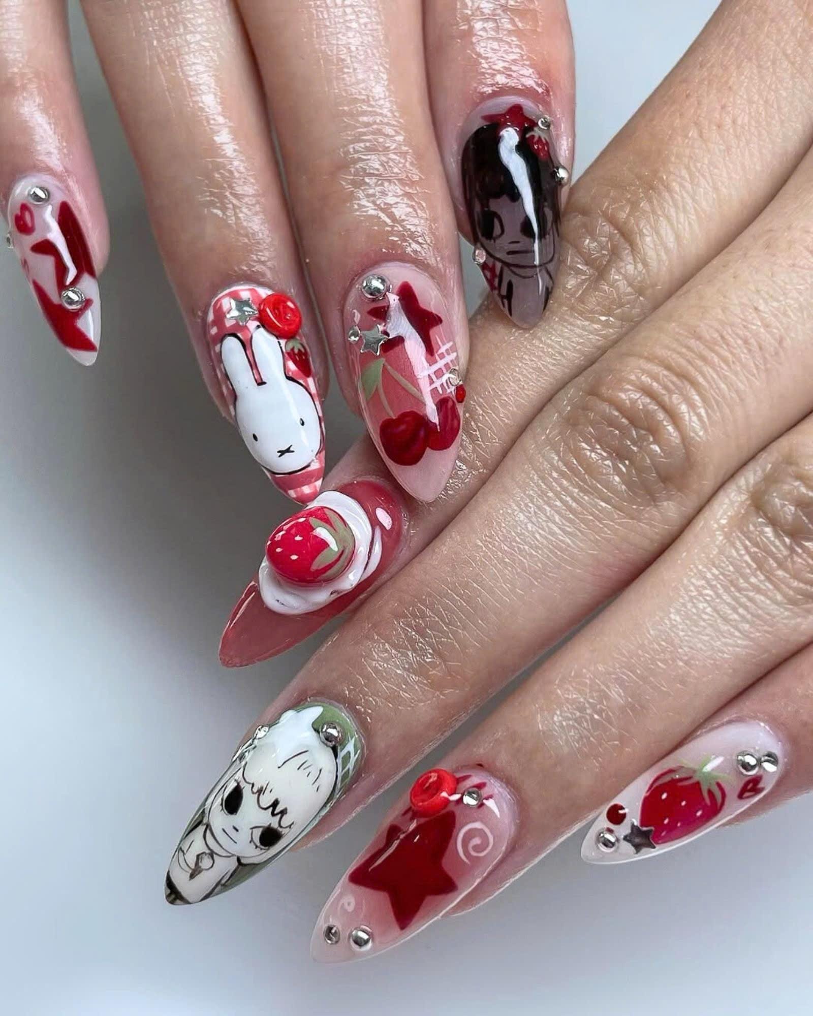 Yoshitomo Nara Almond Nail Set, Handmade Japanese Nails, Custom