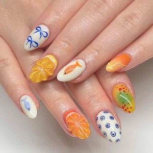Vibrant Summer Press On Nails Short, 3D Beach Theme with Citrus and Fish, Ocean Nails, Fake Nails, Handmade Press On Nails for Summer Vibes.