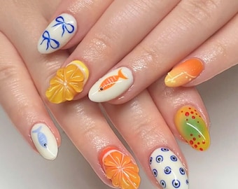 Vibrant Summer Press On Nails Short, 3D Beach Theme with Citrus and Fish, Ocean Nails, Fake Nails, Handmade Press On Nails for Summer Vibes.