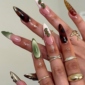 Beautiful Autumn Stiletto Press on Nails, Custom Nails With Brown Dots, French Tips, Fake Acrylic Nails, Fall Nail, Gel Nail, Brown Nail Set