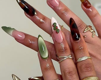 Beautiful Autumn Stiletto Press on Nails, Custom Nails With Brown Dots, French Tips, Fake Acrylic Nails, Fall Nail, Gel Nail, Brown Nail Set