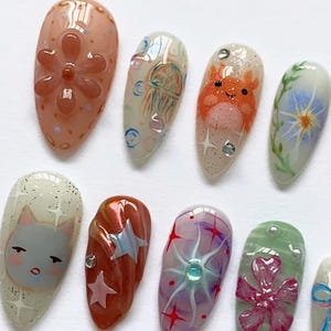 Smiski Nails, Colorful Nails, Handmade Nails, Press on nails, Cartoon Nails, Kawaii Nails, Unique Nails, Custom Nails, Cute Nails, Artistic Nails, Studio Ghibli Nails, Tororo Nails, Anime Nails, False Nails,  Japanese Nails