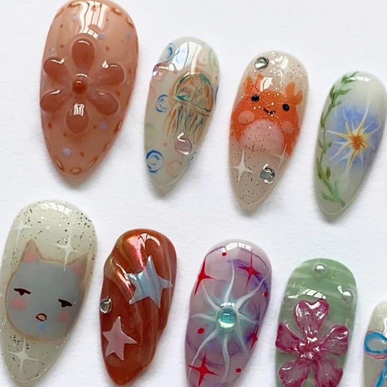 Smiski Nails, Colorful Nails, Handmade Nails, Press on nails, Cartoon Nails, Kawaii Nails, Unique Nails, Custom Nails, Cute Nails, Artistic Nails, Studio Ghibli Nails, Tororo Nails, Anime Nails, False Nails,  Japanese Nails