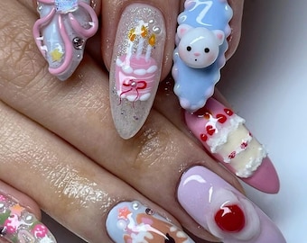Birthday Long Almond Press on nails, Unique Birthday Nails, Colorful and Fun Nail Art Designs with Sweet Cake, Miffy Nail Set, Gift for her.