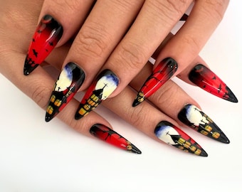 Hand-painted Scary Night Press on Nails, Nightmare Press On, Gothic-Inspired Nail Art, Halloween Spooky Season Fake Nails, Halloween Nails.