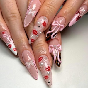 Valentine’s Day Press On Nails, Glitter Long Almond Nails with Heart Bow, Cherry, Reusable Press On Nails, French Tips Nails, Valentine Nail