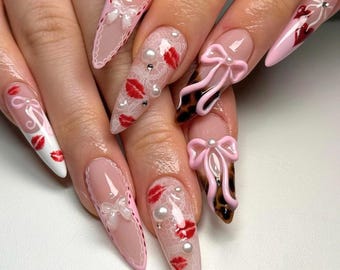 Valentine’s Day Press On Nails, Glitter Long Almond Nails with Heart Bow, Cherry, Reusable Press On Nails, French Tips Nails, Valentine Nail