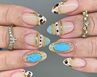 Unhas postiças Chic Medium Amêndoa, Conjunto de unhas boho francês com estampa de leopardo turquesa e dourado