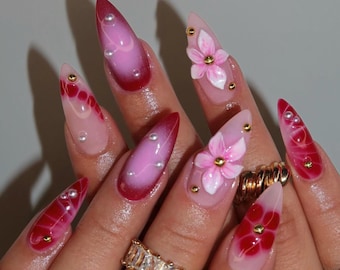 3D Flower Summer Nails, Custom Press On Nails, Handmade Press On Nails, Fake Acrylic Nails, Gel Nails, Nail Nesigns, Nail Set, Glue On Nails