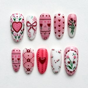 Sweet Valentine Press On Nails, Almond Nail Set with 3D Heart, Flower, Bow, Fake Acrylic Nail, Romantic Party Nails, Pink Nail, Party Nails.
