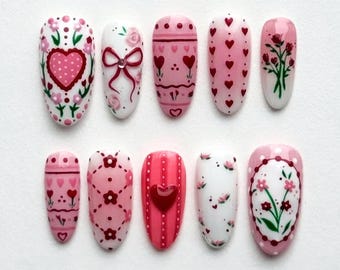 Sweet Valentine pers op nagels, amandelnagelset met 3D-hart, bloem, strik, nepacrylnagel, romantische feestnagels, roze nagel, feestnagels.