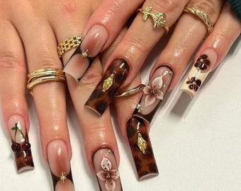Brown Nails and French Tips Press On Nails, Flower Nail, Autumn Nails, Fall Nails, Trendy Nail, Long Nails, Pretty Nails, Reusable Nails.
