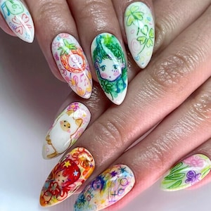 Uñas prensadas vibrantes pintadas a mano, uñas almendradas con personajes extravagantes, arcoíris de colores, perfectas para un look divertido y juguetón, uñas de dibujos animados.