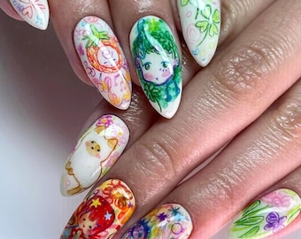 Unhas vibrantes pintadas à mão, unhas amendoadas com personagens excêntricos, arco-íris de cores, perfeitas para diversão, visual lúdico, unhas de desenho animado
