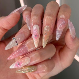 3D Pastel Flower Nails Press on nails, Hand-painted With Charm Nails, Fake Acrylic Nails, Pink Nail Set, Custom Press on Nails, Gel Nails