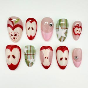 Trendy Fruit Press On Nails, Colorful Nails, Apple Almond Nail Set For Spring-Summer, Cute Nails, Unique Nails, Custom Fake Acrylic Nails.