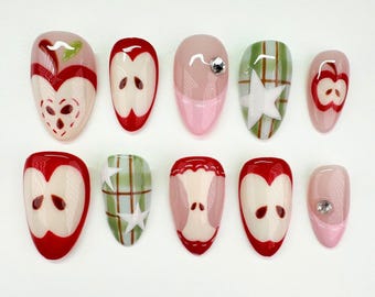 Trendy Fruit Press On Nails, Colorful Nails, Apple Almond Nail Set For Spring-Summer, Cute Nails, Unique Nails, Custom Fake Acrylic Nails.
