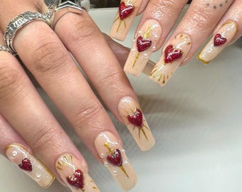 3D Red Heart Press On Nails, Romantic Nail Art in Fake Nail, Adorable, Chic & Easy Nail, Valentine Nail