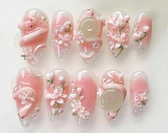 Handmade Pink Lotus & Snake Press On Nails, Custom Snake Almond Nail Set, Trendy Asian Nails, Artistic Spring Nail Art, Fake Nails for Party
