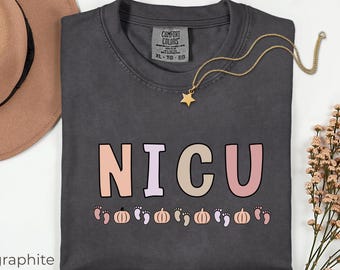 NICU Nurse Halloween T-Shirt, Comfort Colors® Footprint Pumpkin Graphic Tee, Neonatal Intensive Care Unit