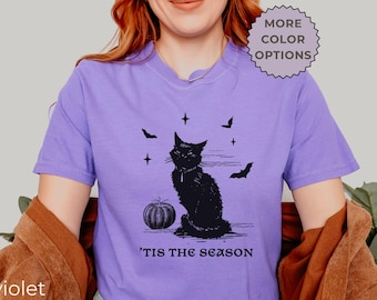 Black Cat Shirt, Retro Halloween Tshirt, Witchy Cat Tee, Vintage Feline Top for Cat Lovers, Halloween Comfort Colors® Gift, Goth Apparel