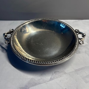 Shirley Pewter - Decorative Shallow Bowl with 2 filigree handles rope detailing, and hammered finish; handmade antique