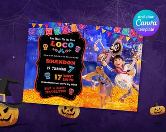 Invitation d'anniversaire Coco, Invitation imprimable modifiable Día de los Muertos, modèle d'invitation de fête d'halloween, anniversaire garçon fille, première seconde