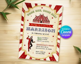 Circus Birthday invitation, printable clown Invitation, Circus Party Invite Template, Carnival Editable Invitation, boy girl birthday