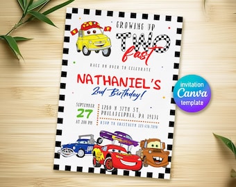 Printable Cars invitation, Lightning Mcqueen invite, Birthday Party Invitation, 2 fast 2 furious racing invite template, 2nd birthday boy
