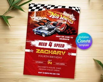 Cars birthday invitation, hot racing invite, wheels invitation, boy fourth birthday party invitation template, nfs printable editable evite