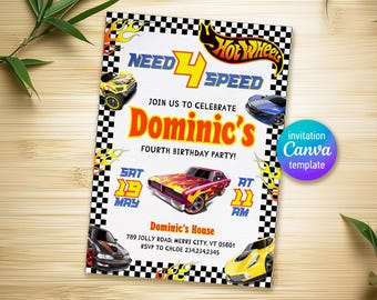 Cars birthday invitation, hot racing invite, wheels invitation, boy fourth birthday party invitation template, nfs printable editable evite