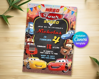 Printable Cars invitation, Lightning Mcqueen invite, Birthday Party Invitation, NFS racing invitation template, 4th birthday boy