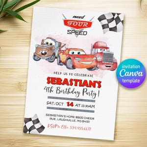 Invito per auto stampabili, invito di Saetta Mcqueen, invito alla festa di compleanno, modello di invito per corse NFS, ragazzo del 4° compleanno