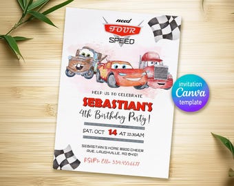 May include: A red, white, and blue birthday invitation with a Cars theme. The invitation features a red race car, a blue tow truck, and a red truck. The text on the invitation reads "Need Four Speed" and "Sebastian's 4th Birthday Party!"