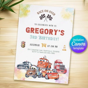 Invitation de voitures imprimables, invitation Lightning Mcqueen, invitation à une fête d’anniversaire, modèle d’invitation d’anniversaire de course