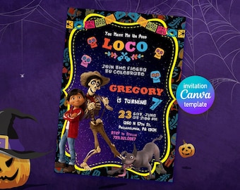 Invitation d’anniversaire Coco, invitation imprimable modifiable Día de los Muertos, modèle d’invitation à la fête d’Halloween, anniversaire de fille garçon, première seconde