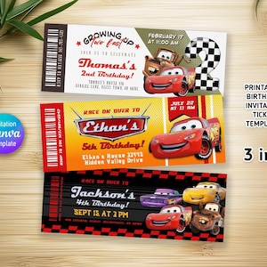 Peut inclure: Trois modèles d'invitations d'anniversaire imprimables sur le thème des voitures de course rouges. Le premier billet est pour un 2ème anniversaire, le deuxième pour un 5ème anniversaire et le troisième pour un 4ème anniversaire. Chaque billet présente une voiture de course rouge et le texte "Growing Up Two Fast", "Race On Over To" et "Race On Over To" respectivement.