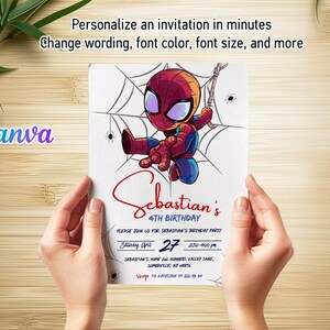 May include: A birthday party invitation featuring a cartoon Spider-Man character on a white background. The invitation includes the text "Sebastian's 4th Birthday" and details for the party. The Canva logo is visible in the corner.
