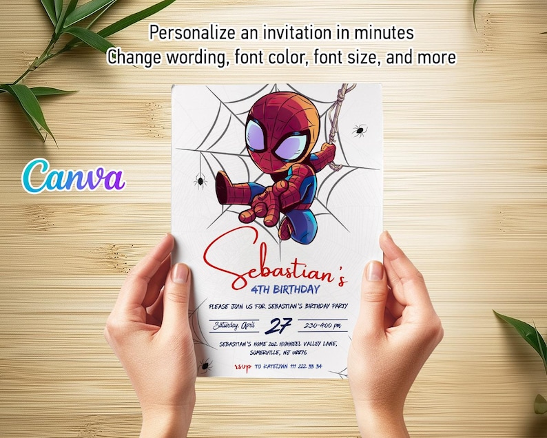 May include: A birthday party invitation featuring a cartoon Spider-Man character on a white background. The invitation includes the text "Sebastian's 4th Birthday" and details for the party. The Canva logo is visible in the corner.