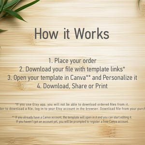 Peut inclure: Comment &ccedil;a marche&nbsp;: Un graphique sur un fond en bois avec des instructions pour utiliser un mod&egrave;le Canva. Les &eacute;tapes sont&nbsp;: 1. Passez votre commande, 2. T&eacute;l&eacute;chargez votre fichier avec des liens de mod&egrave;le, 3. Ouvrez votre mod&egrave;le dans Canva et personnalisez-le, 4. T&eacute;l&eacute;chargez, partagez ou imprimez. Le texte comprend &eacute;galement des notes sur l&rsquo;utilisation de l&rsquo;application Etsy et du compte Canva.