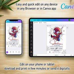 May include: A digital invitation design featuring a cartoon Spider-Man character on a white background. The invitation includes the text "Sebastian's 4th Birthday" and the number "27". The Canva logo is visible.