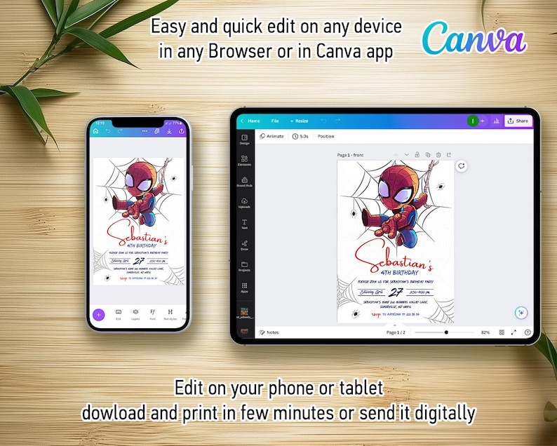 May include: A digital invitation design featuring a cartoon Spider-Man character on a white background. The invitation includes the text "Sebastian's 4th Birthday" and the number "27". The Canva logo is visible.